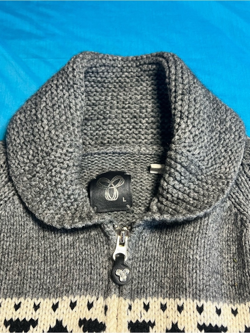 TNA Sea to Sky Cowichan Style Intarsia Lambswool Shawl Collar Sweater L - Picture 11 of 16